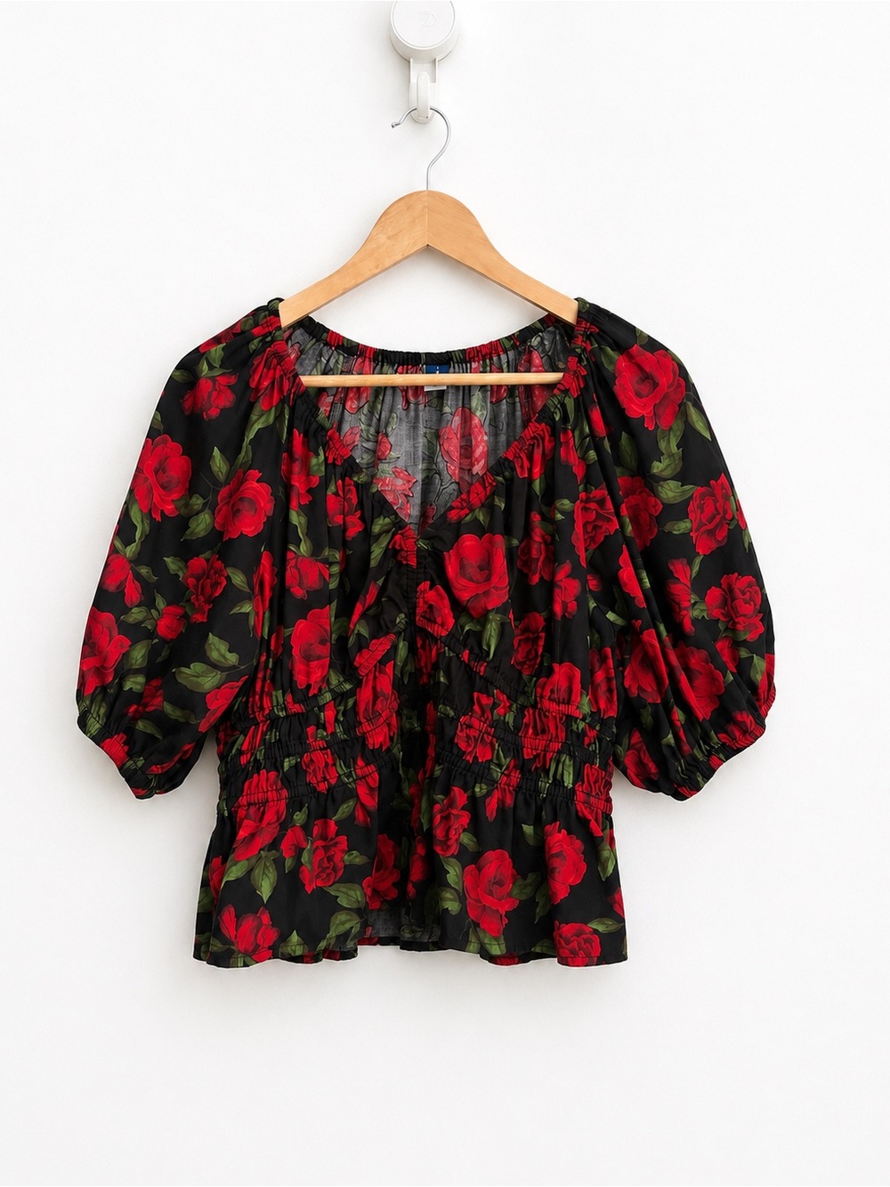Old Navy Black Floral Peasant Blouse with Red Roses